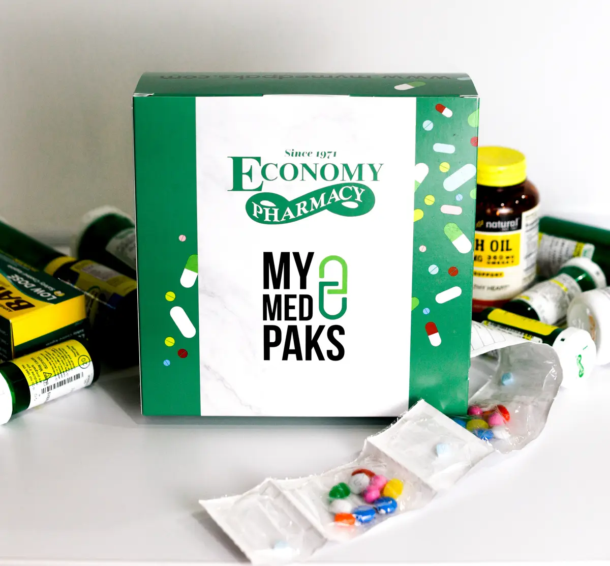 A MyMedPacks box from Economy Pharmacy with individual dose packets